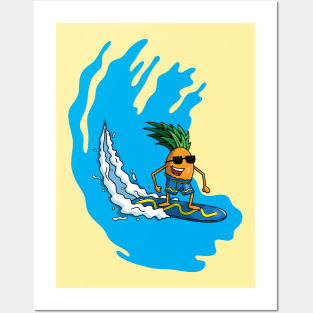 Cool pineapple surfing in the ocean Posters and Art